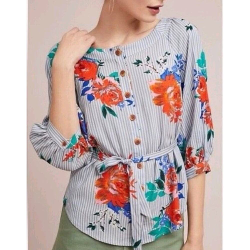 Maeve by Anthropology Women's Floral Blue Pinstripe Off Shoulder Blouse Size 4